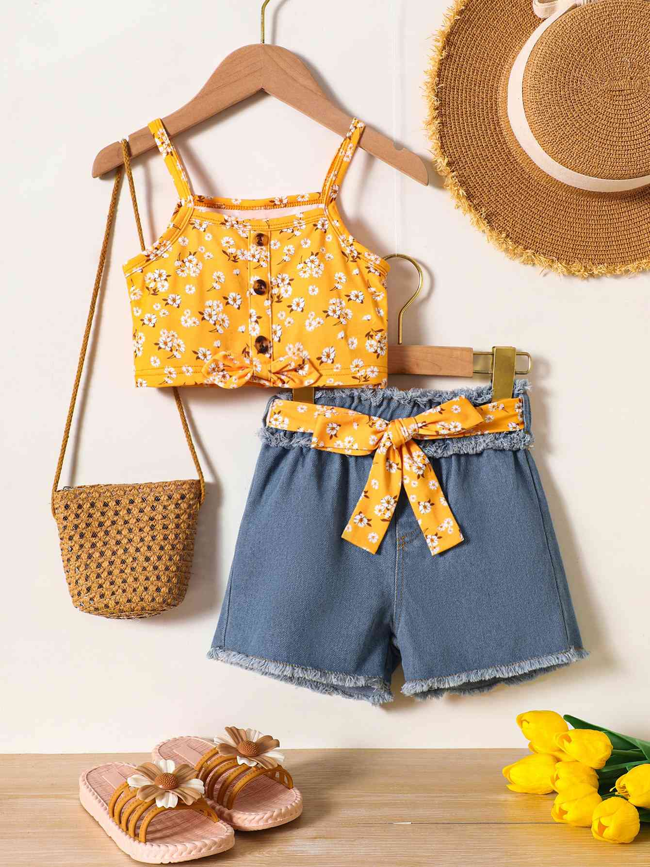 Girls Floral Cami and Belted Denim Shorts Set | Sugarz Chique Boutique