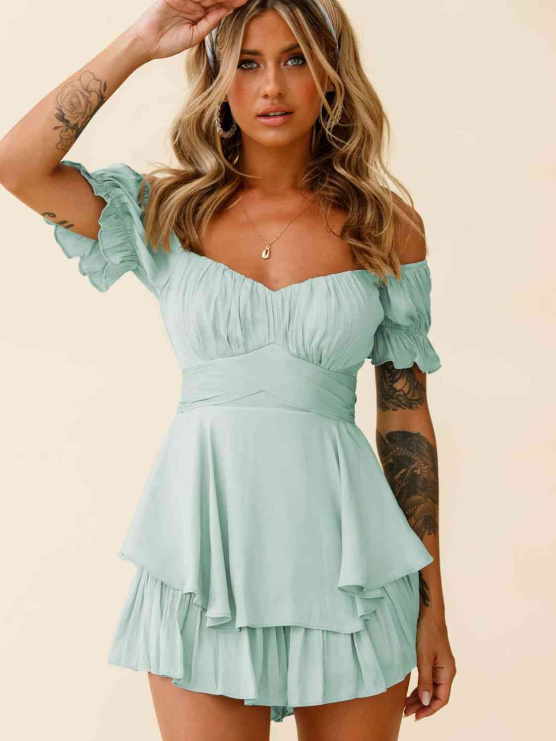 Off Shoulder Flounce Sleeve Romper | Sugarz Chique Boutique