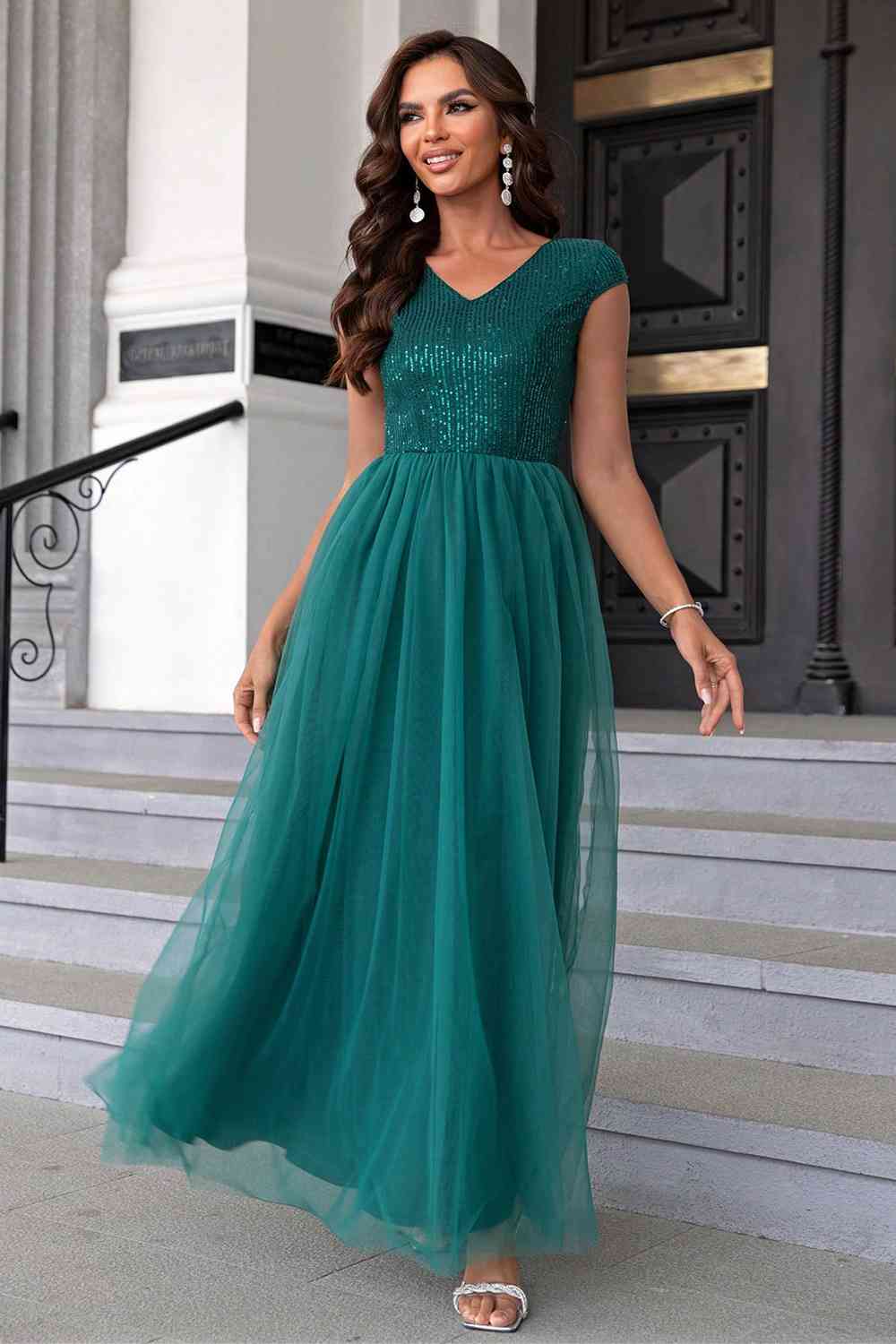 Sequin V-Neck Mesh Maxi Dress | Sugarz Chique Boutique