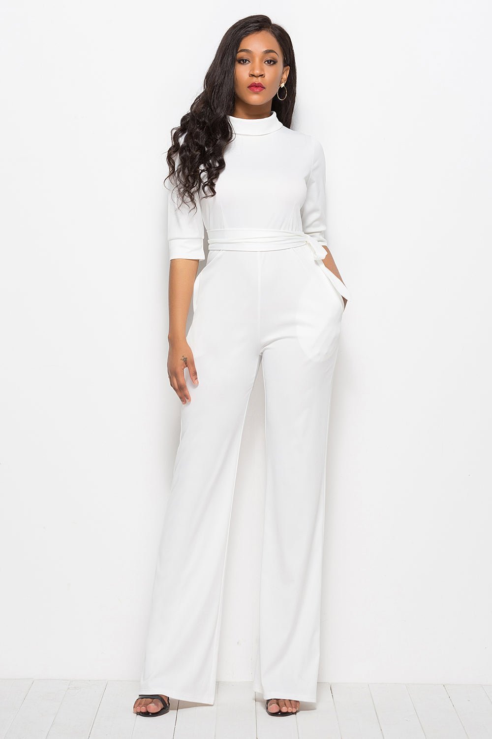 Mock Neck Tie-Waist Half Sleeve Jumpsuit | Sugarz Chique Boutique
