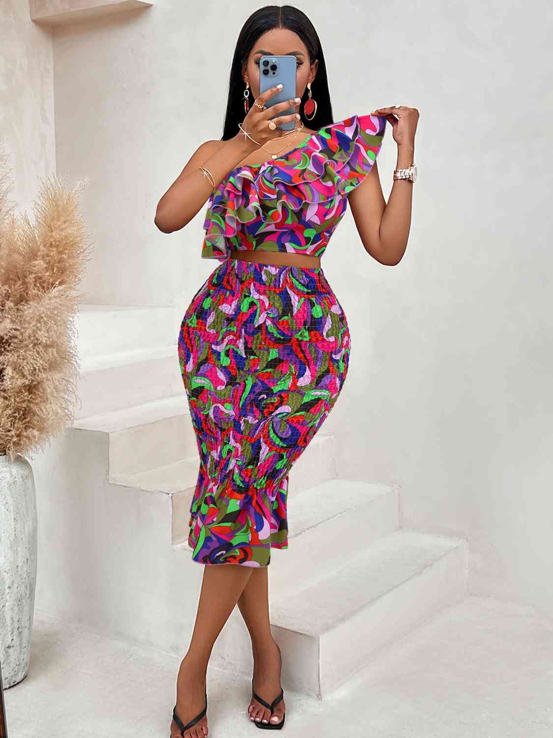 Ruffled One-Shoulder Top and Skirt Set | Sugarz Chique Boutique