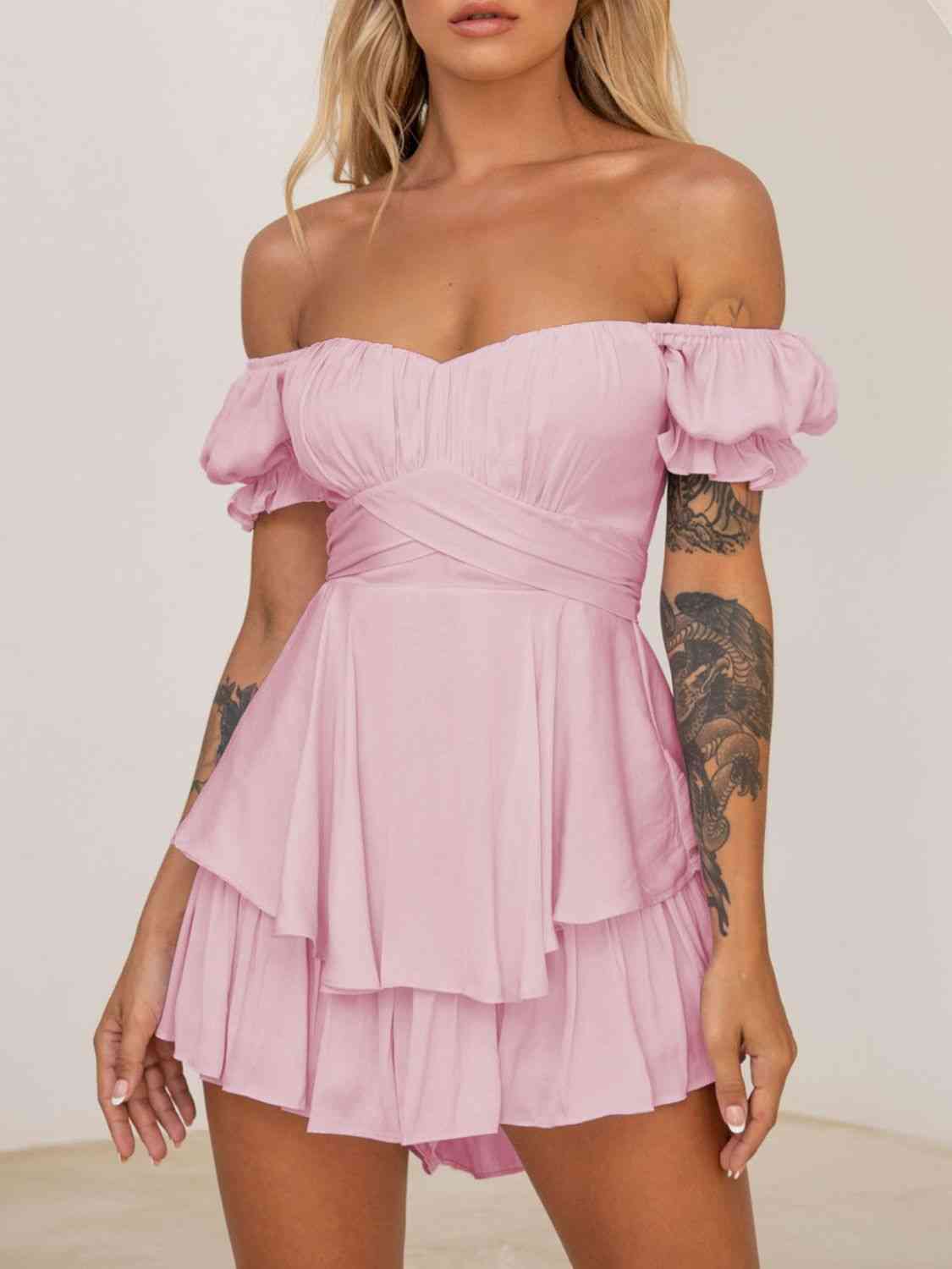 Off Shoulder Flounce Sleeve Romper | Sugarz Chique Boutique