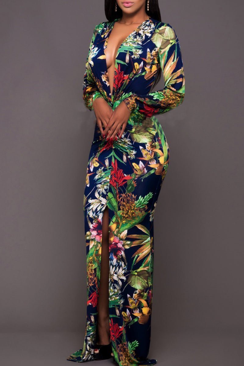 Printed Plunge Neck Leg Split Maxi Dress | Sugarz Chique Boutique