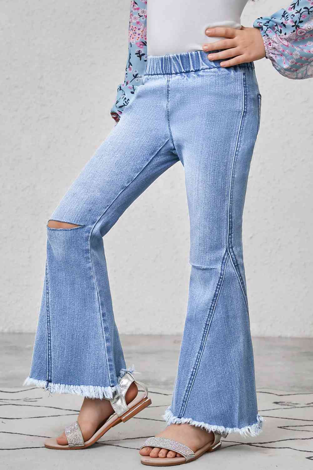 Girls Distressed Frayed Trim Flare Jeans | Sugarz Chique Boutique