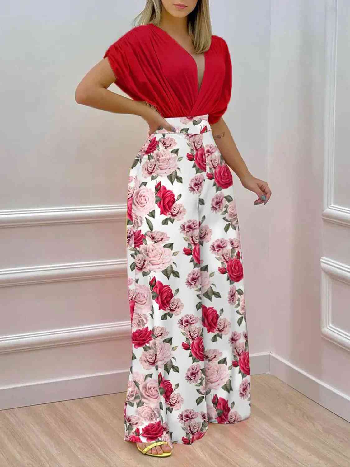 Printed Surplice Top and Wide Leg Pants Set | Sugarz Chique Boutique