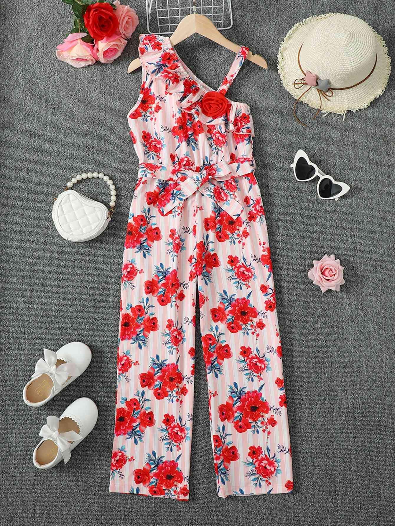 Floral Asymmetrical Neck Tie Belt Jumpsuit | Sugarz Chique Boutique