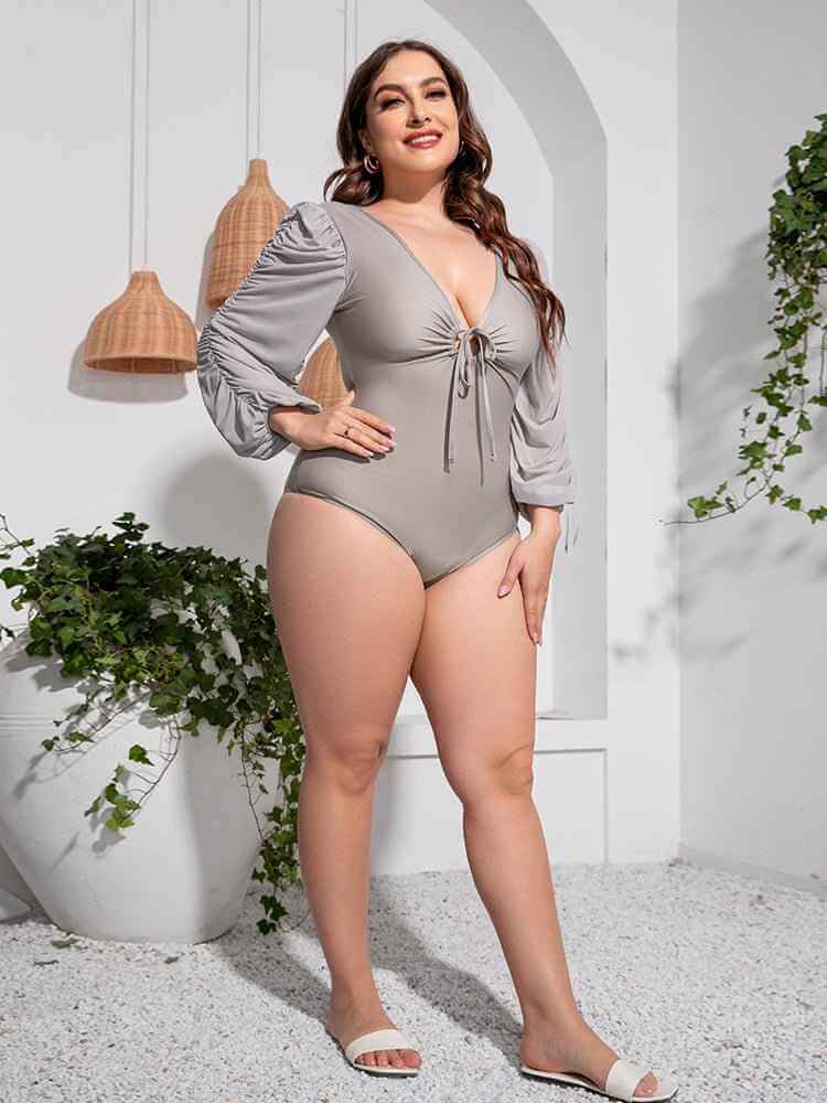 Plus Size Tied Deep V Balloon Sleeve One-Piece Swimsuit
