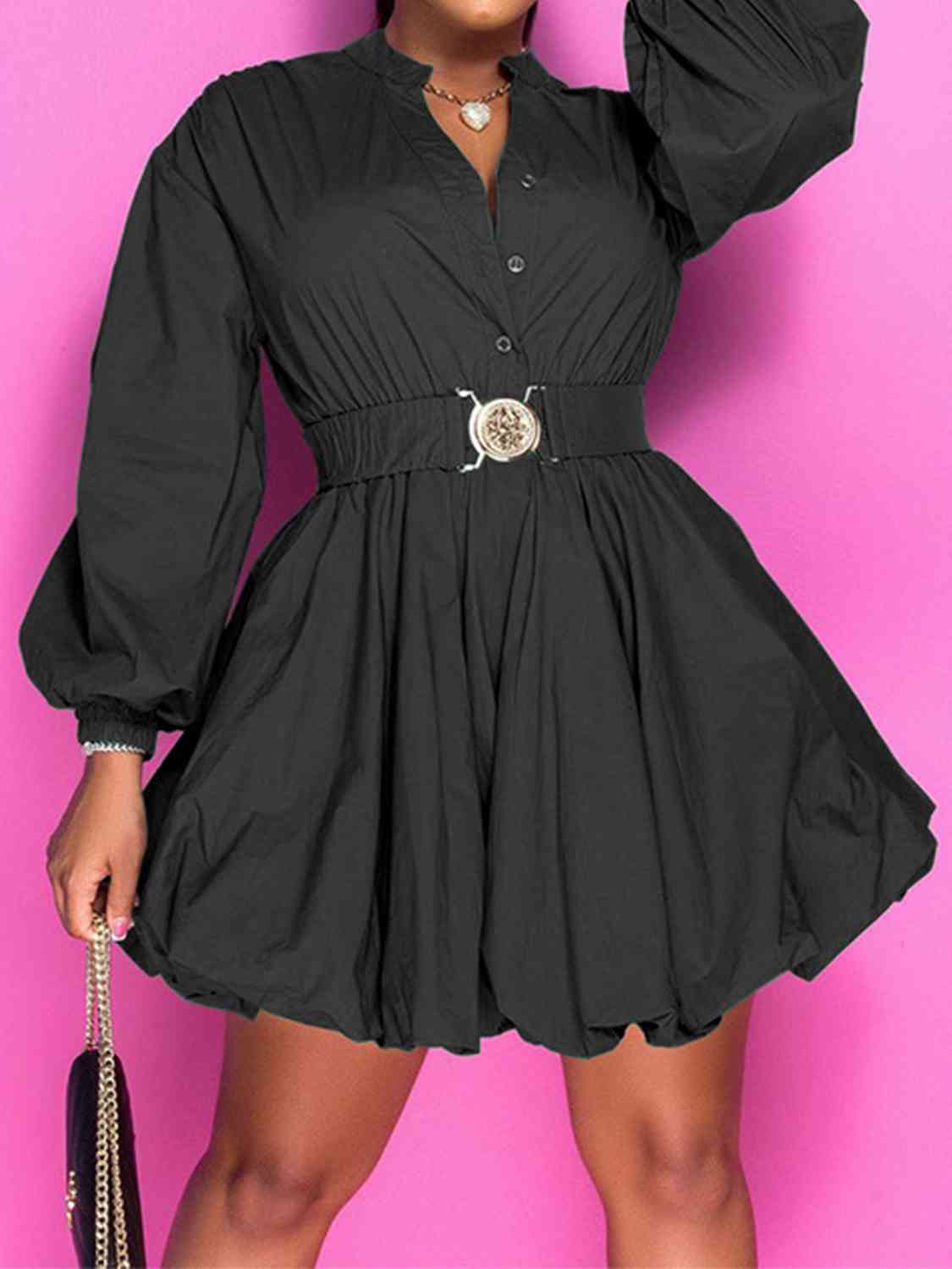 Notched Button Up Balloon Sleeves Dress | Sugarz Chique Boutique