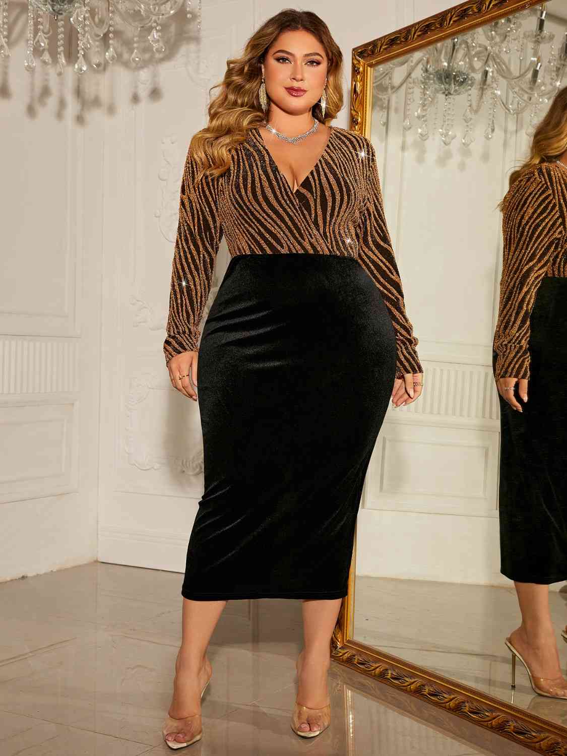 Plus Size Surplice Neck Long Sleeve Slit Dress | Sugarz Chique Boutique