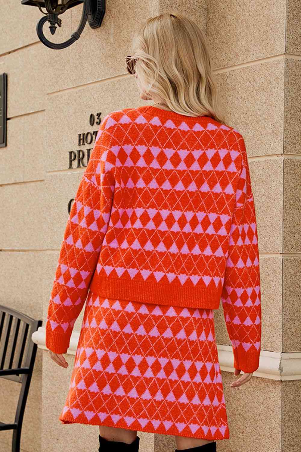 Geometric Dropped Shoulder Cardigan and Knit Skirt Set | Sugarz Chique Boutique