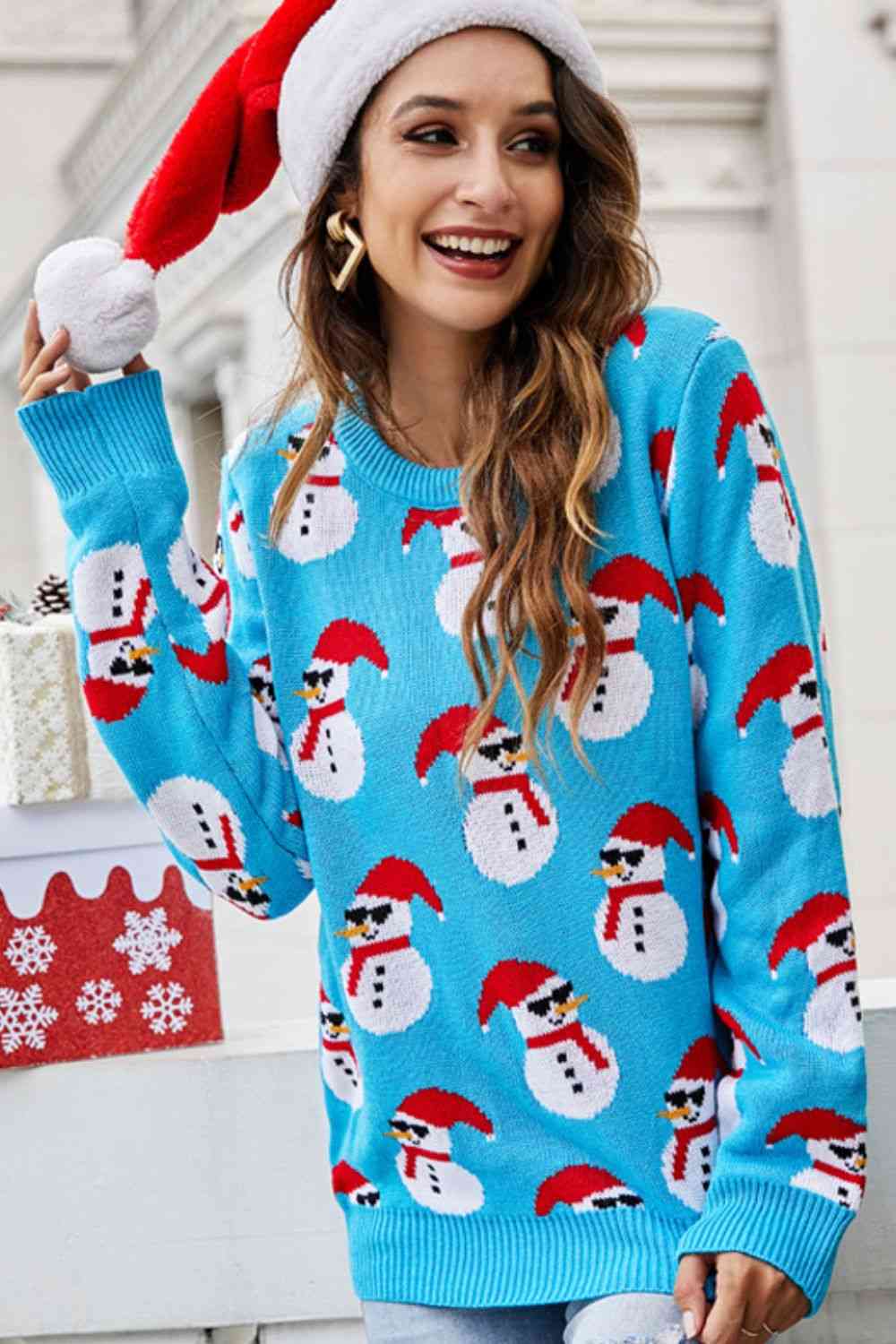 Christmas Snowman Ribbed Trim Round Neck Sweater | Sugarz Chique Boutique