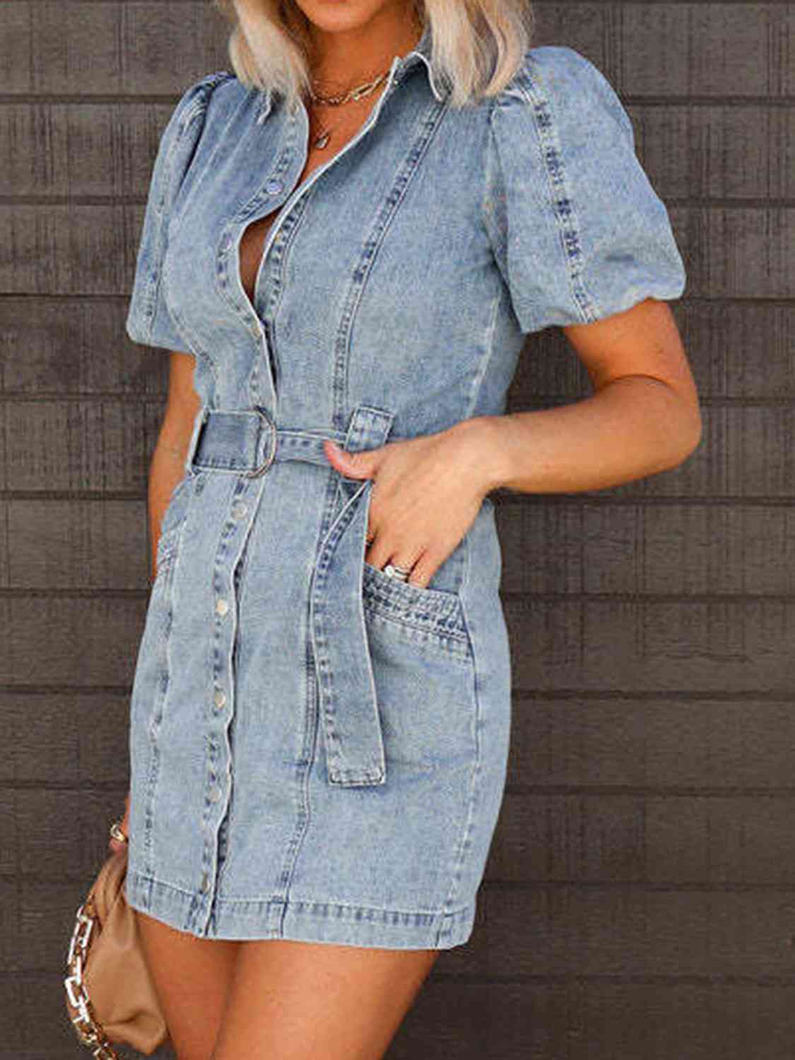 Puff Sleeve Button Up Mini Denim Dress | Sugarz Chique Boutique