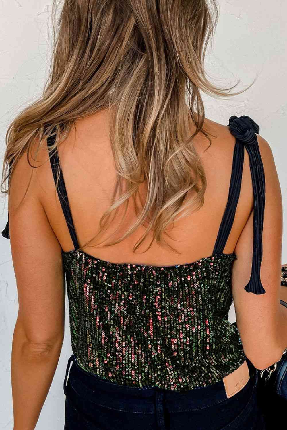 Sequin V-Neck Tie Shoulder Bodysuit | Sugarz Chique Boutique