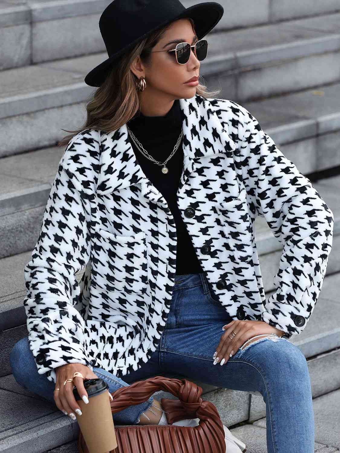 Houndstooth Button Down Jacket | Sugarz Chique Boutique