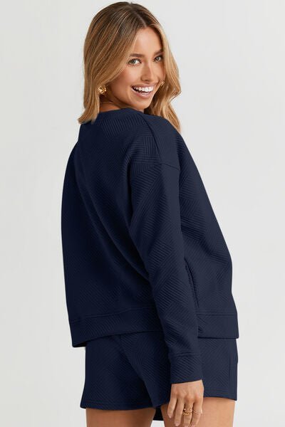 Double Take Full Size Texture Long Sleeve Top and Drawstring Shorts Set | Sugarz Chique Boutique