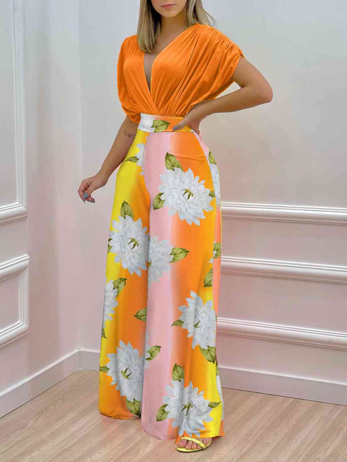 Printed Surplice Top and Wide Leg Pants Set | Sugarz Chique Boutique