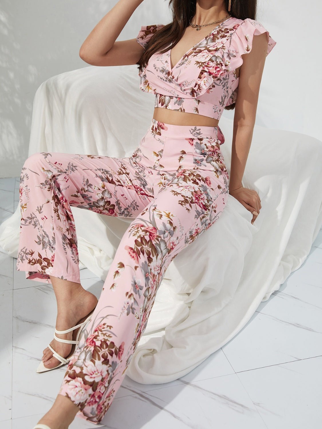 Printed Surplice Cap Sleeve Top and Pants Set | Sugarz Chique Boutique