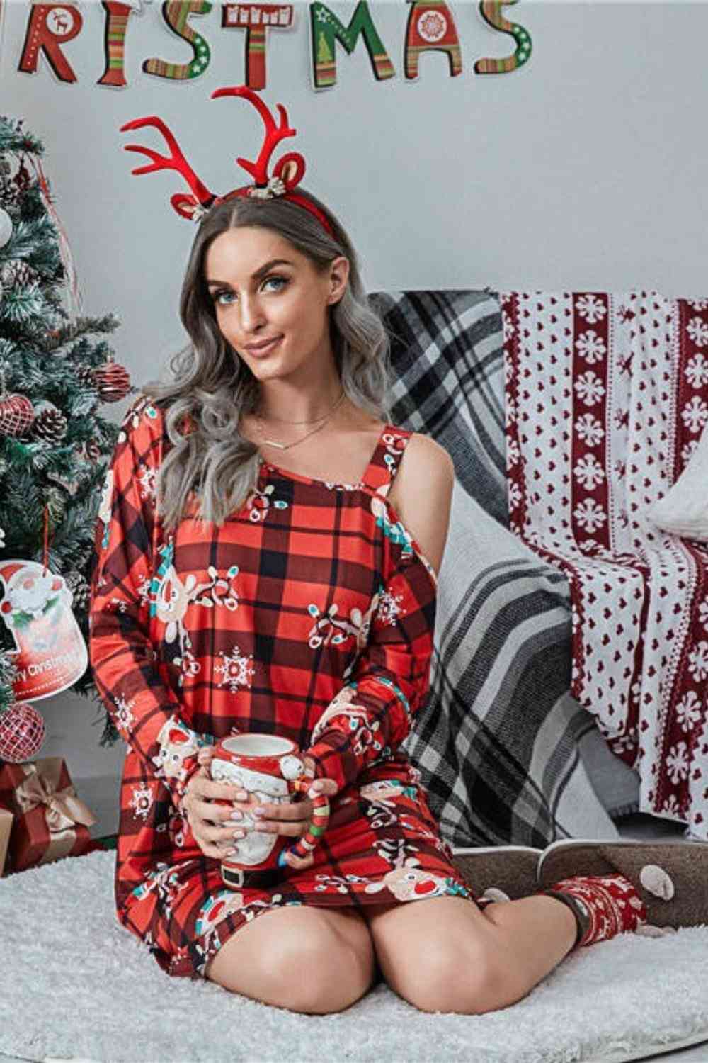 Christmas Asymmetrical Neck Long Sleeve Dress | Sugarz Chique Boutique
