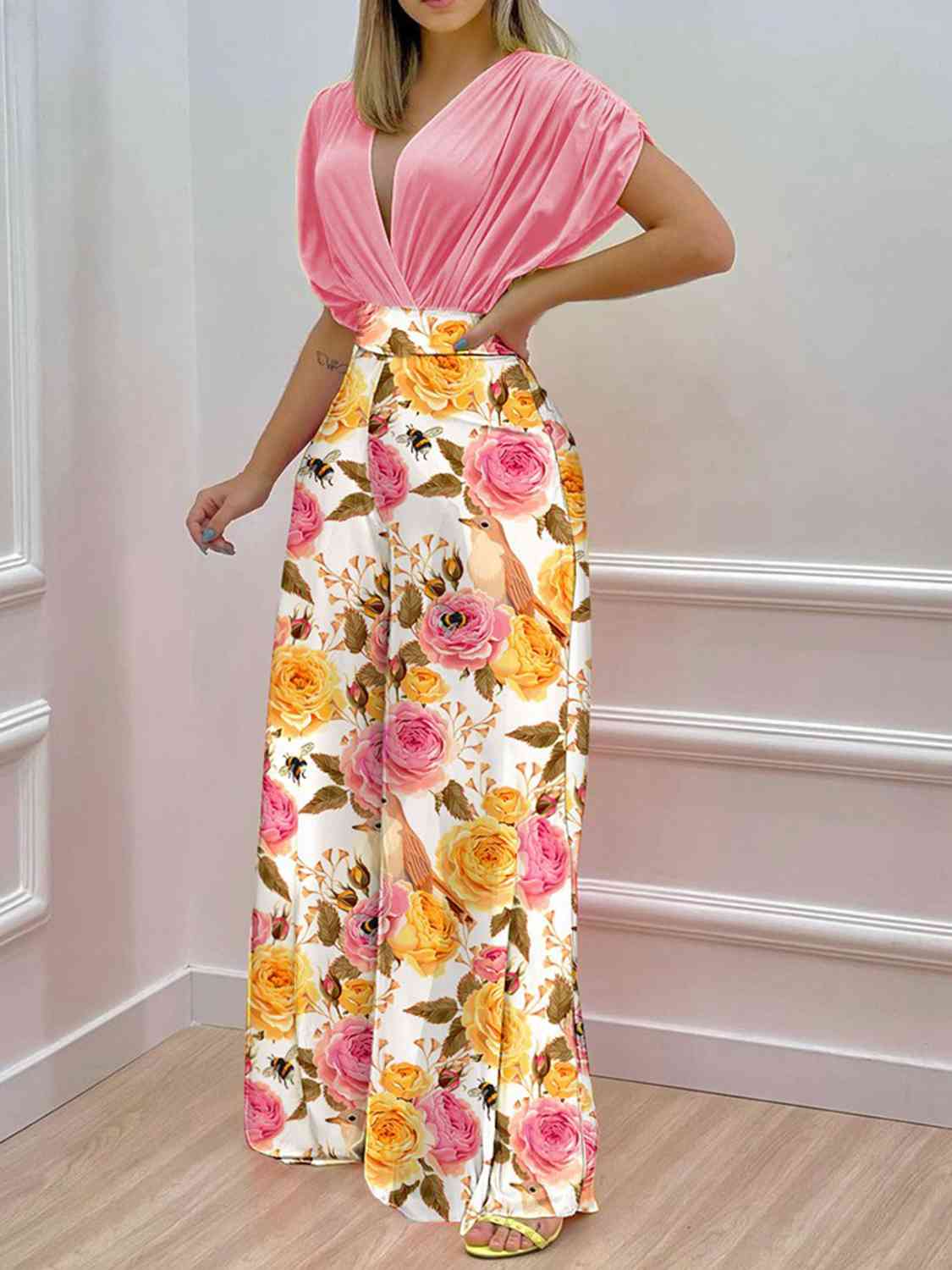 Printed Surplice Top and Wide Leg Pants Set | Sugarz Chique Boutique