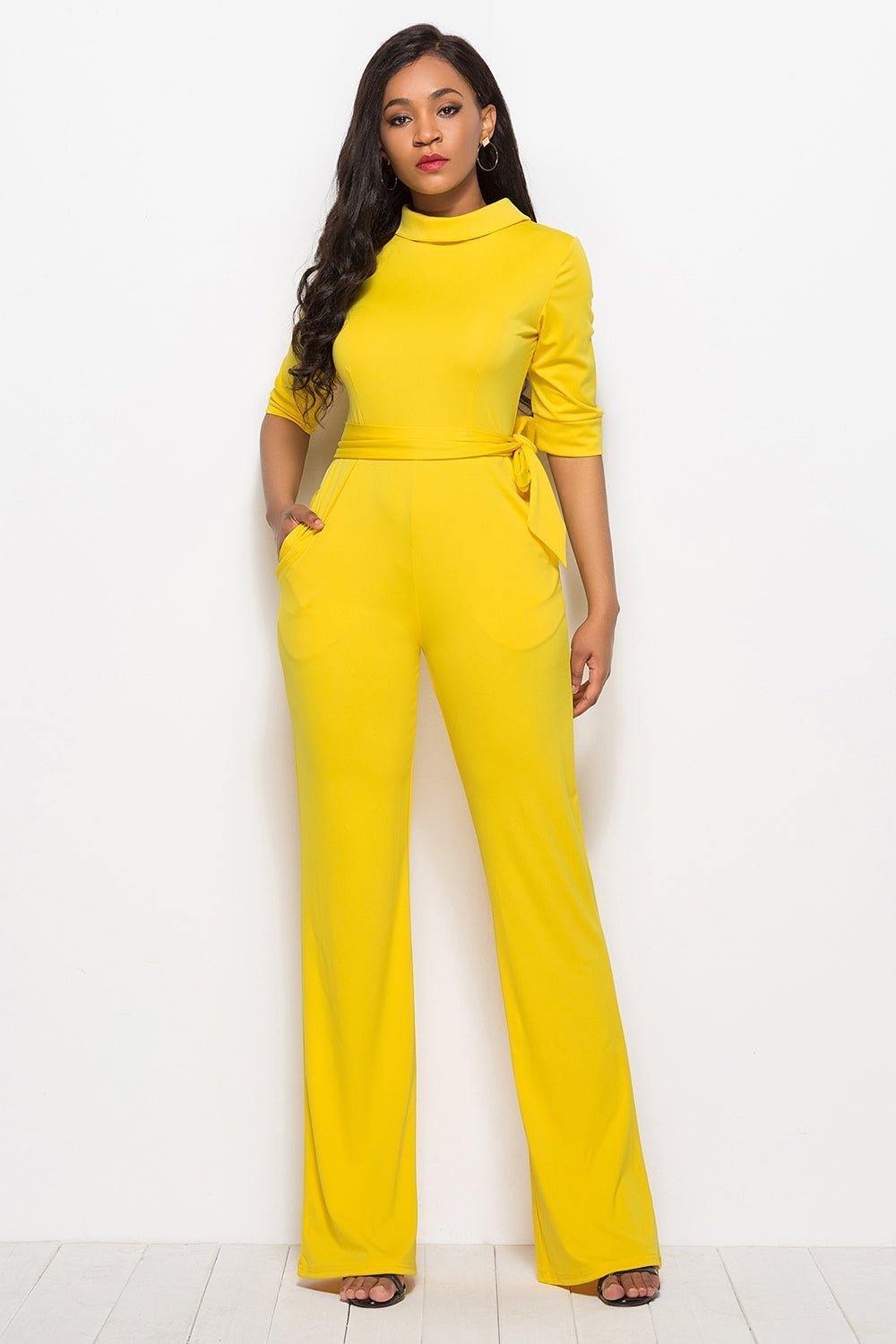 Mock Neck Tie-Waist Half Sleeve Jumpsuit | Sugarz Chique Boutique