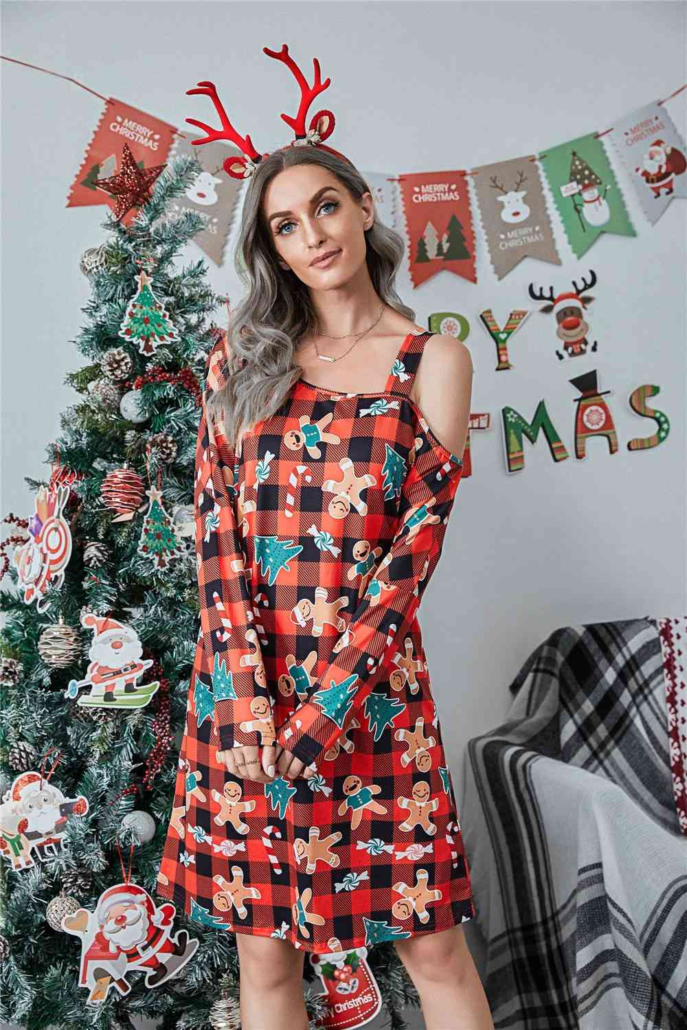 Christmas Asymmetrical Neck Long Sleeve Dress | Sugarz Chique Boutique