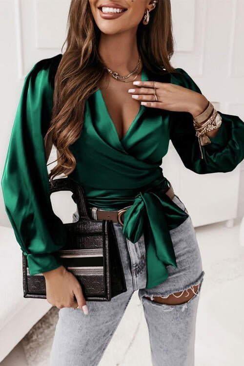 Surplice Tie Front Long Sleeve Blouse | Sugarz Chique Boutique