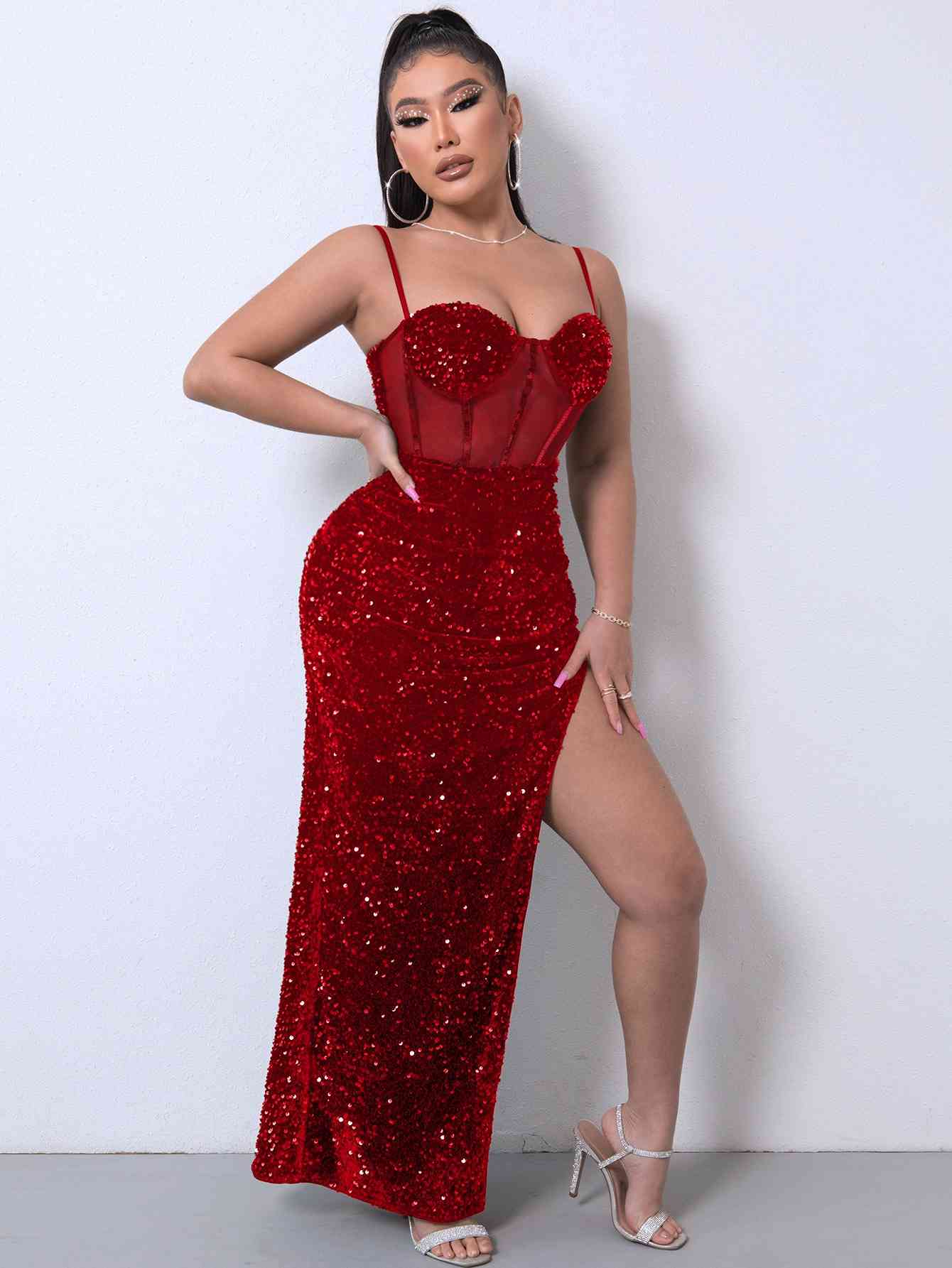 Sequin Spliced Mesh Adjustable Strap Dress | Sugarz Chique Boutique