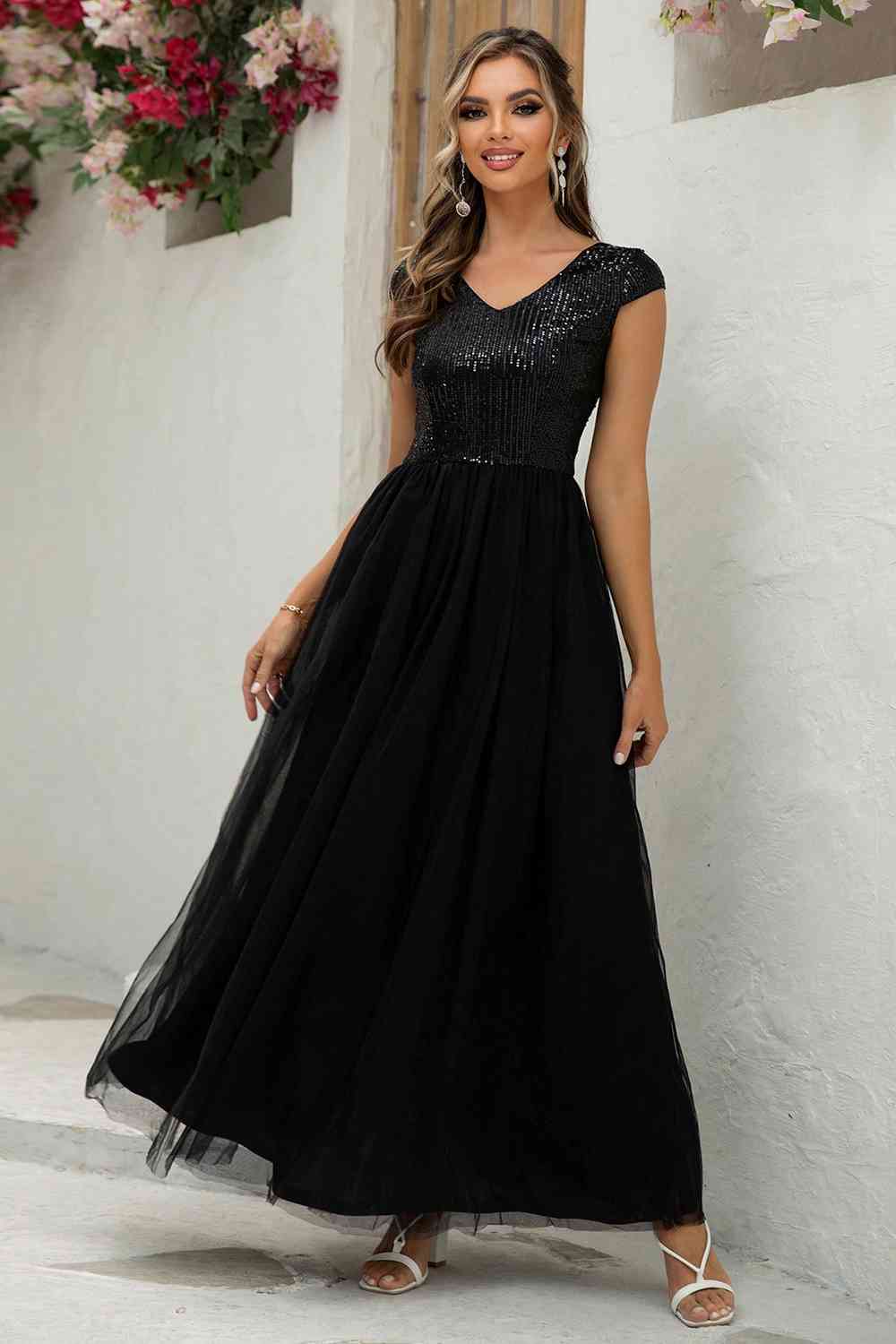 Sequin V-Neck Mesh Maxi Dress | Sugarz Chique Boutique