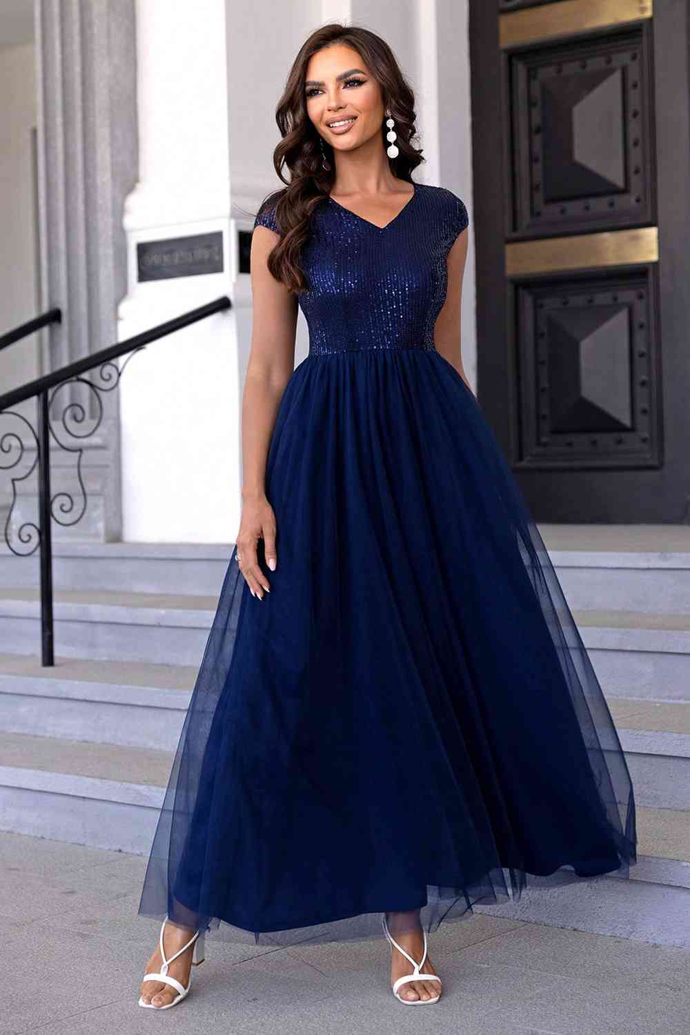 Sequin V-Neck Mesh Maxi Dress | Sugarz Chique Boutique
