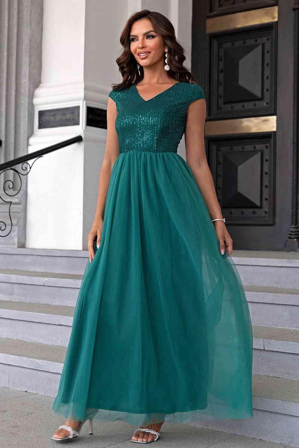 Sequin V-Neck Mesh Maxi Dress | Sugarz Chique Boutique