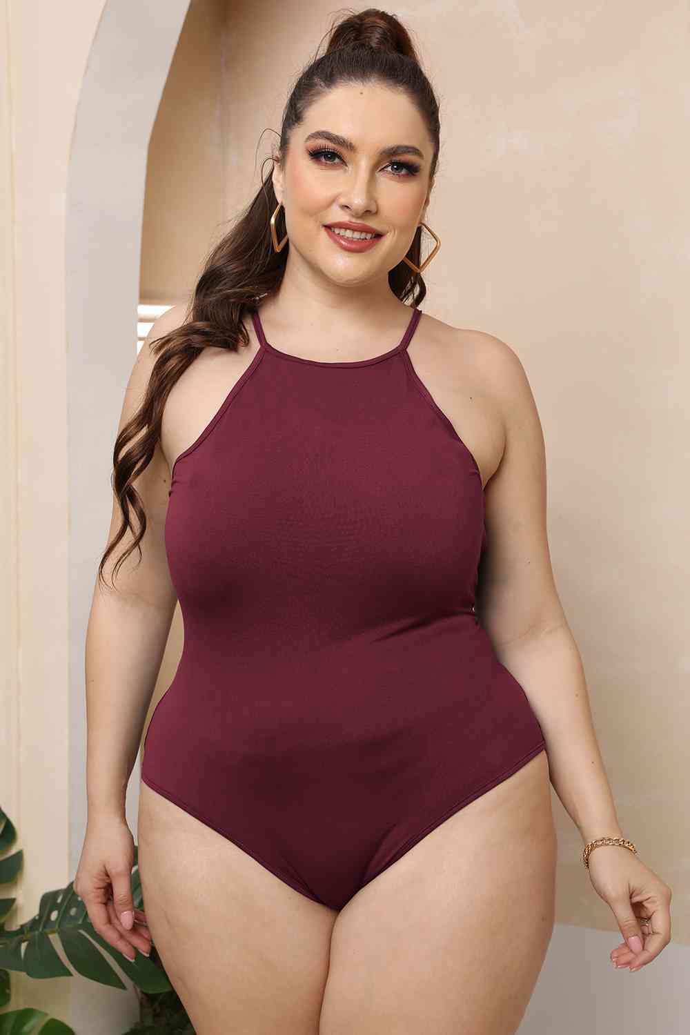 Plus Size Halter Neck Spaghetti Strap Bodysuit | Sugarz Chique Boutique