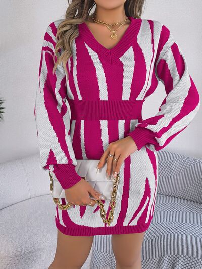 Animal Print V-Neck Long Sleeve Sweater Dress | Sugarz Chique Boutique