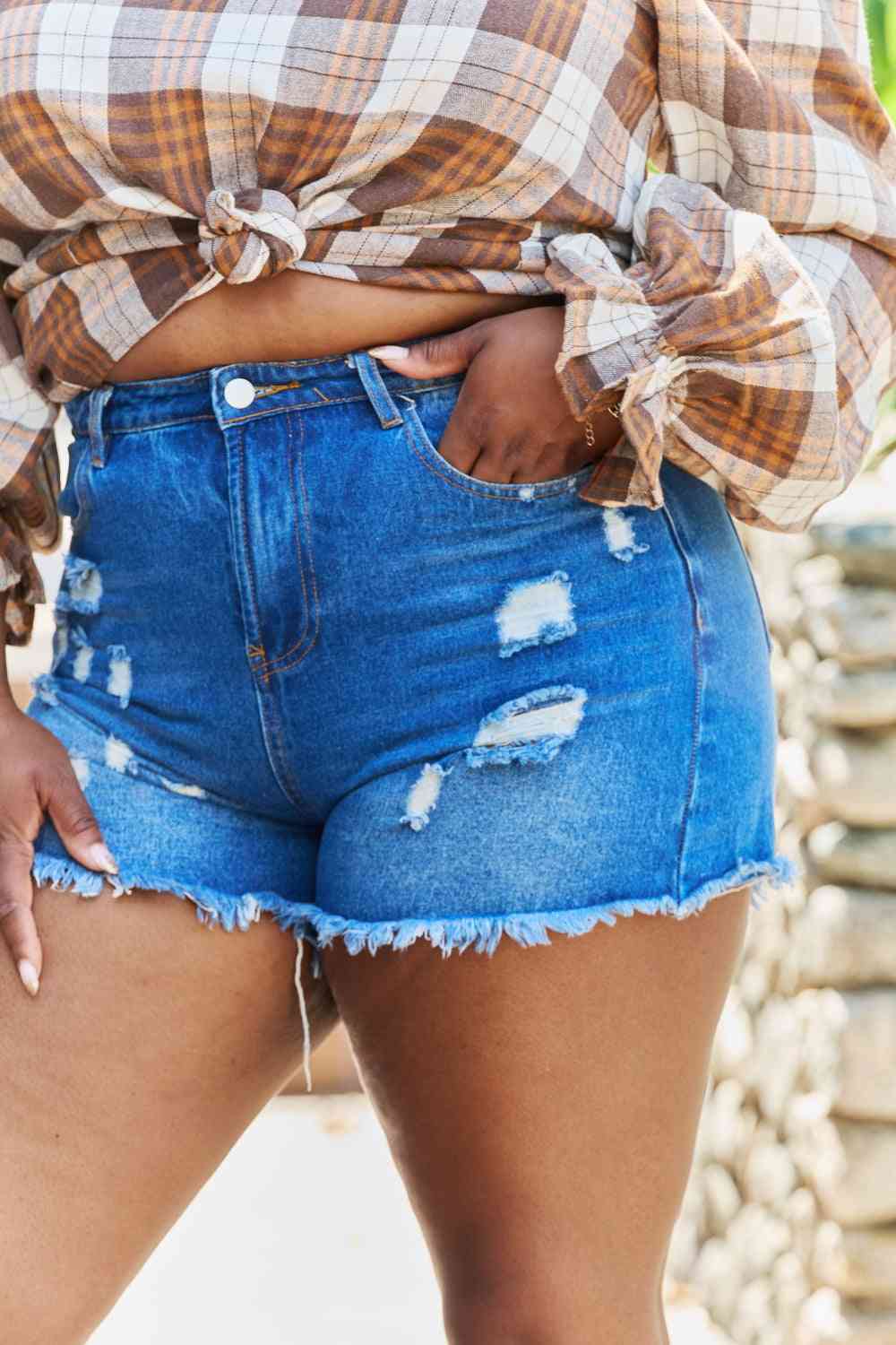 GeeGee Emily Plus High Waist Frayed Hemline Shorts in Denim | Sugarz Chique Boutique