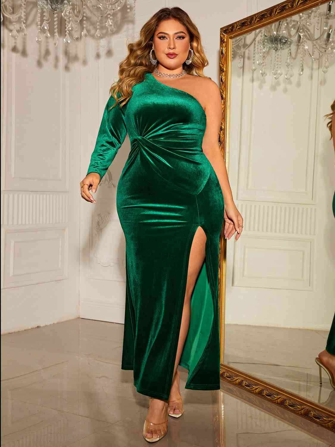 Plus Size One-Shoulder Twisted Split Dress | Sugarz Chique Boutique