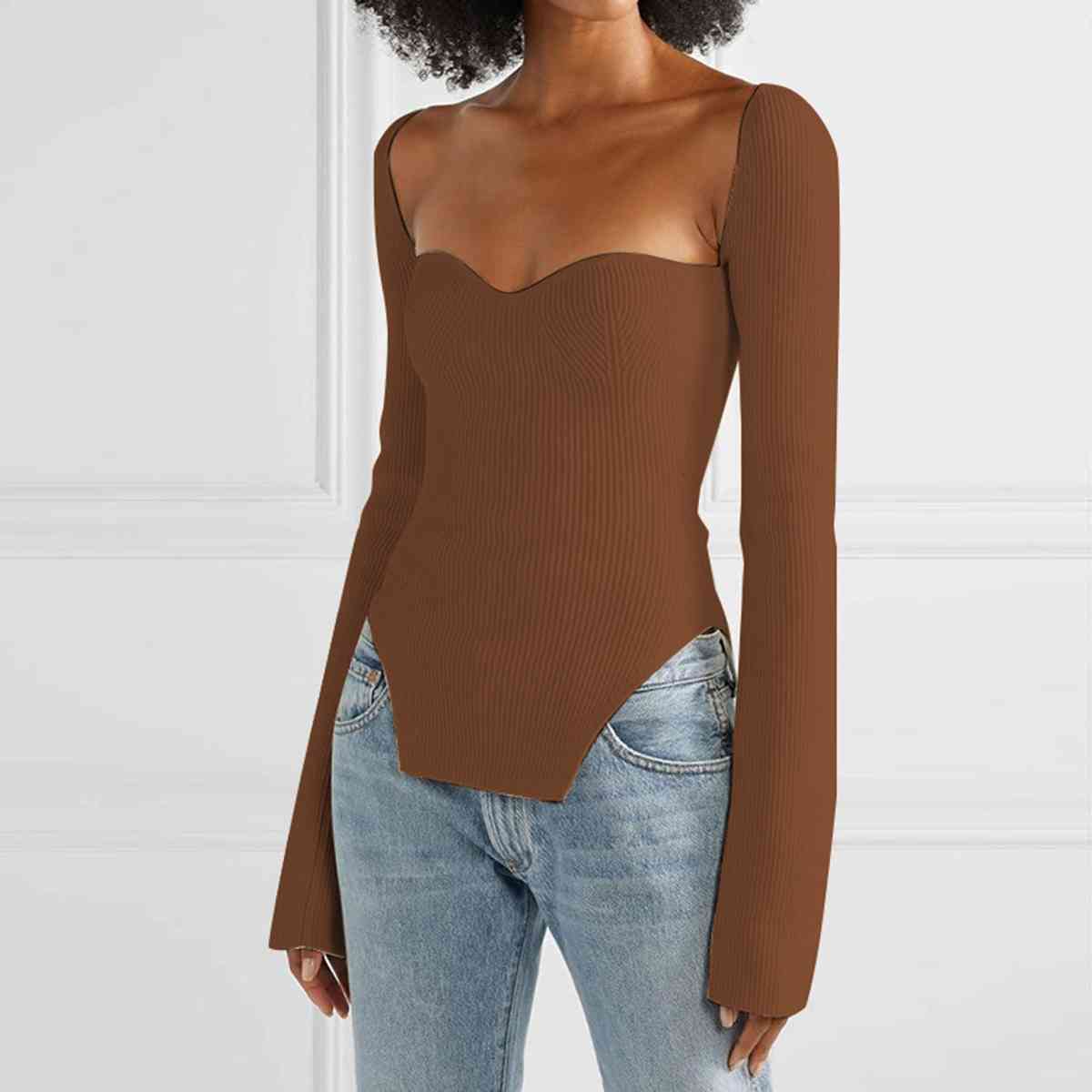 Sweetheart Neck Long Sleeve Knit Top | Sugarz Chique Boutique
