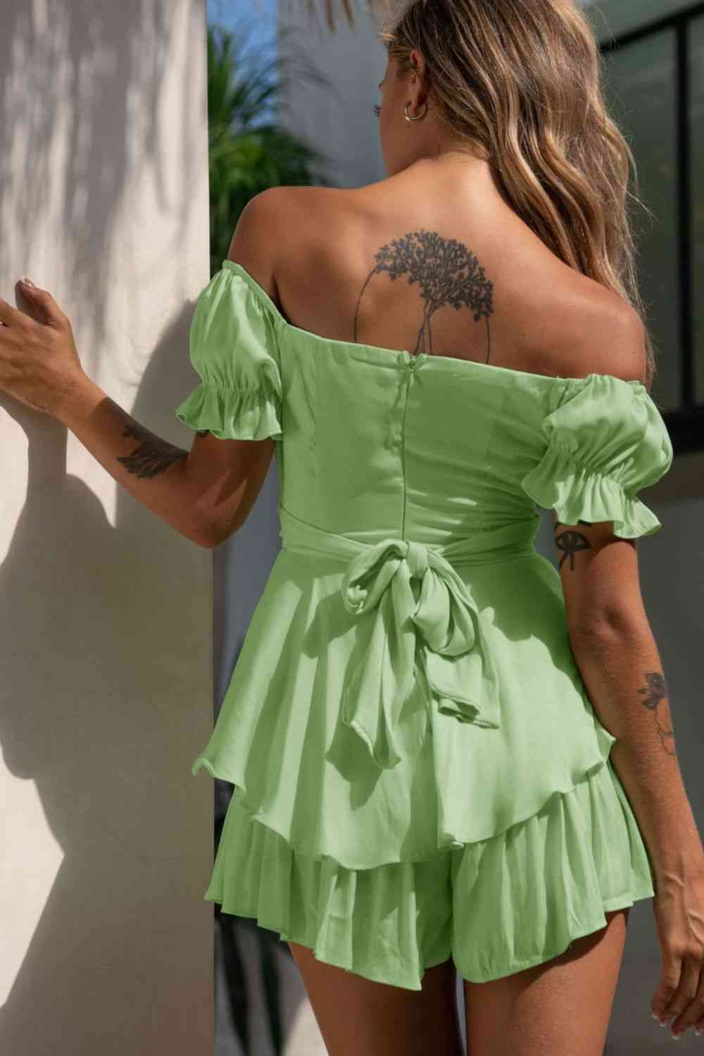 Off Shoulder Flounce Sleeve Romper | Sugarz Chique Boutique