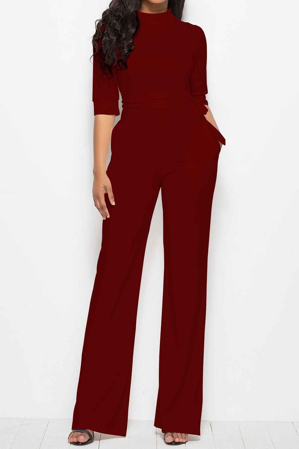Mock Neck Tie-Waist Half Sleeve Jumpsuit | Sugarz Chique Boutique
