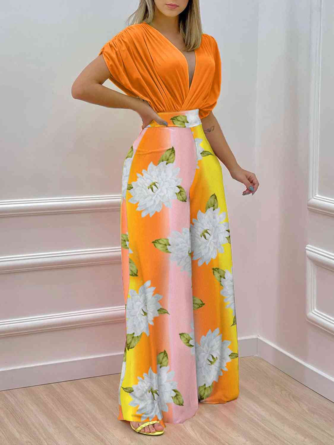 Printed Surplice Top and Wide Leg Pants Set | Sugarz Chique Boutique