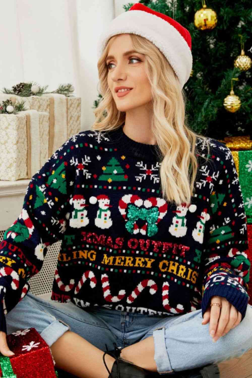 Christmas Print Crewneck Dropped Shoulder Sweater | Sugarz Chique Boutique