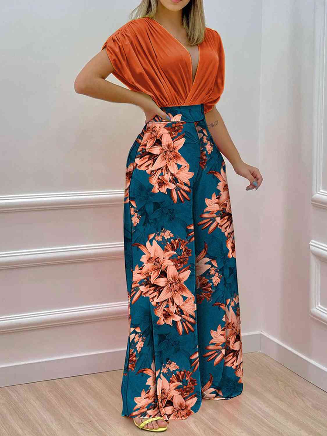 Printed Surplice Top and Wide Leg Pants Set | Sugarz Chique Boutique