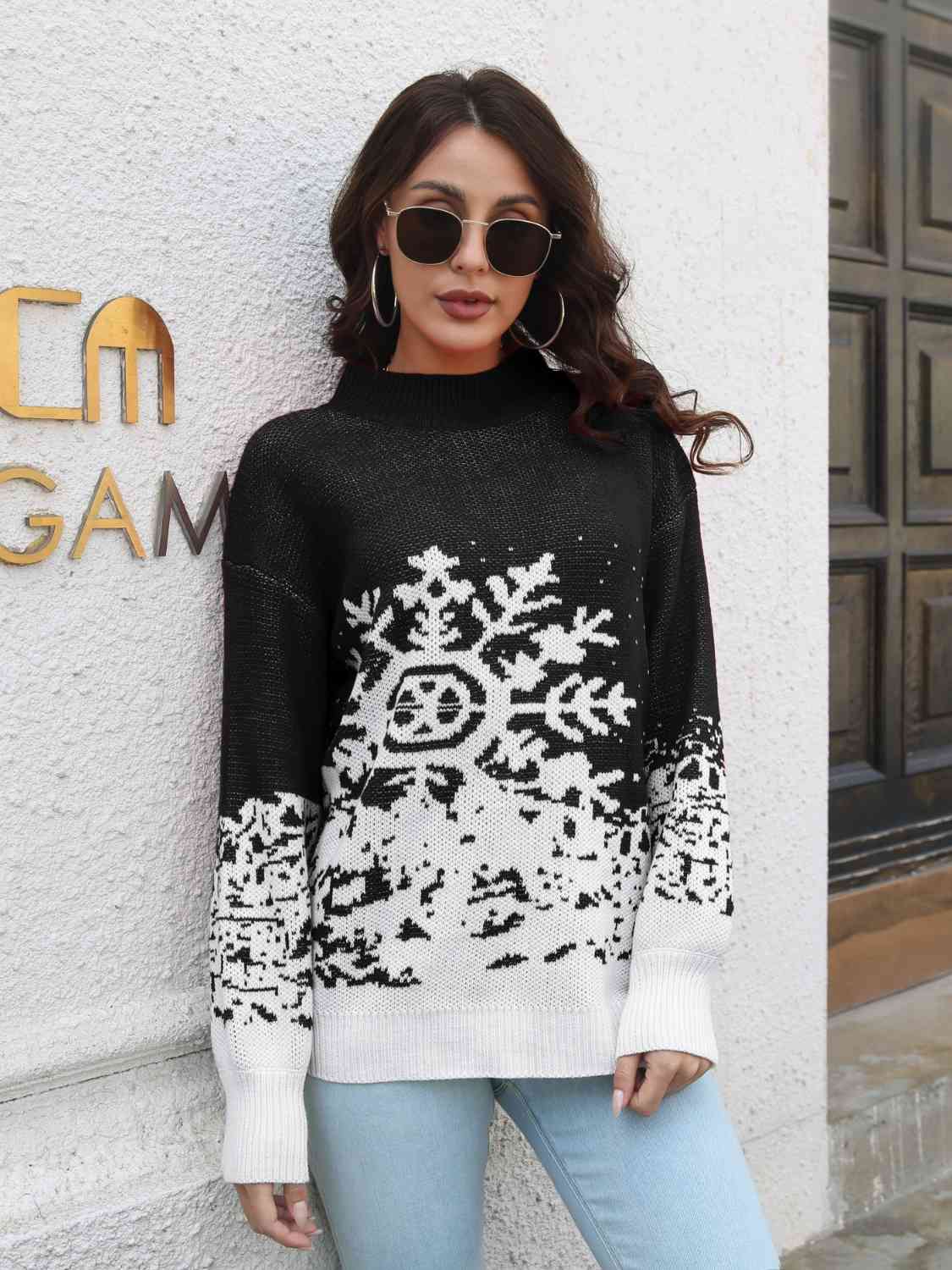 Snowflake Pattern Mock Neck Sweater | Sugarz Chique Boutique