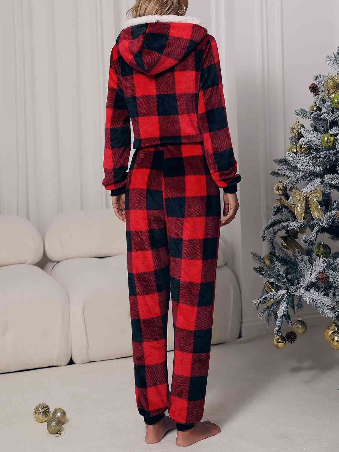 Plaid Zip Front Long Sleeve Hooded Lounge Jumpsuit | Sugarz Chique Boutique