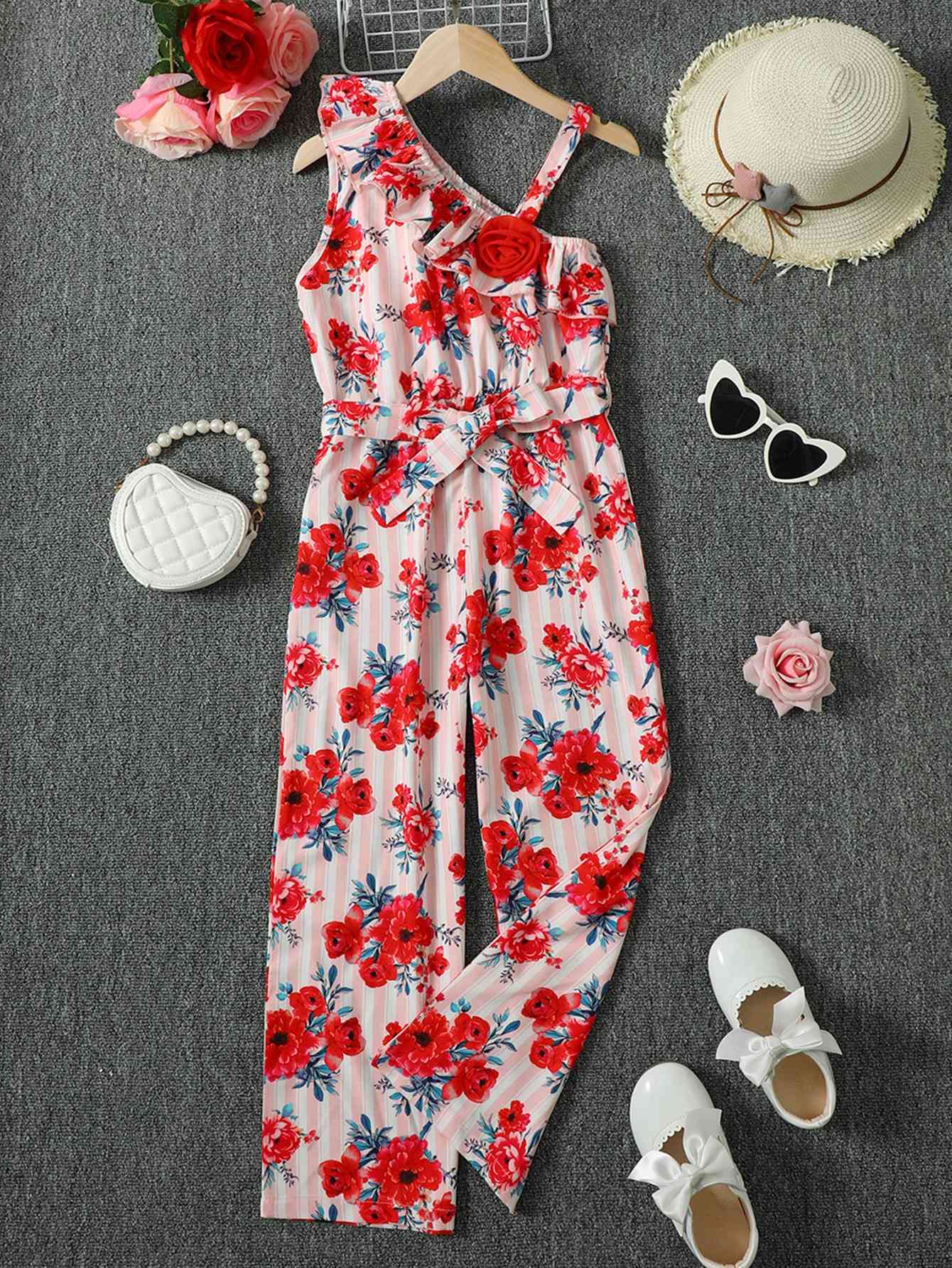 Floral Asymmetrical Neck Tie Belt Jumpsuit | Sugarz Chique Boutique