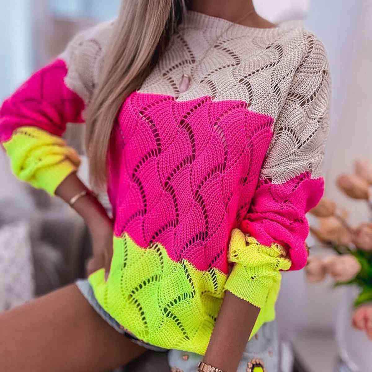 Openwork Color Block Pullover Sweater | Sugarz Chique Boutique