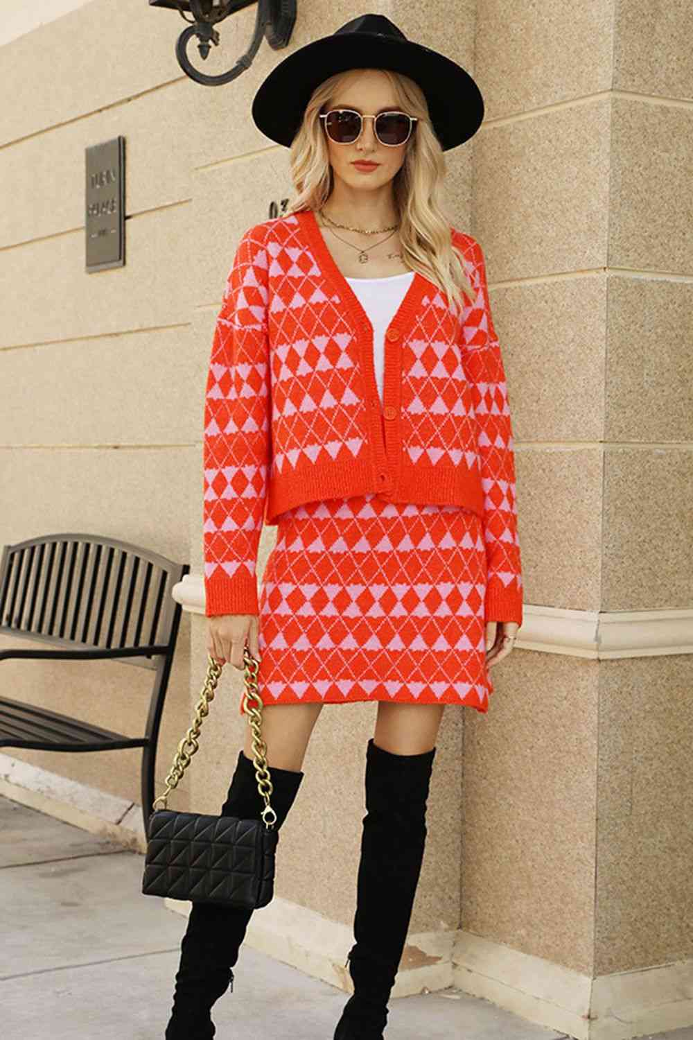Geometric Dropped Shoulder Cardigan and Knit Skirt Set | Sugarz Chique Boutique