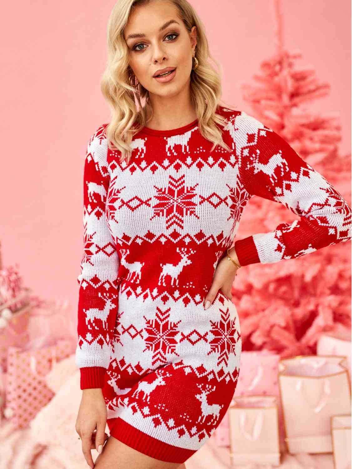 Reindeer & Snowflake Round Neck Sweater Dress | Sugarz Chique Boutique