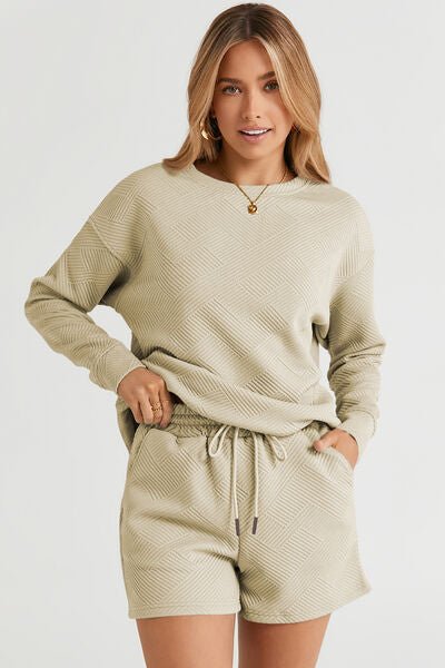 Double Take Full Size Texture Long Sleeve Top and Drawstring Shorts Set | Sugarz Chique Boutique