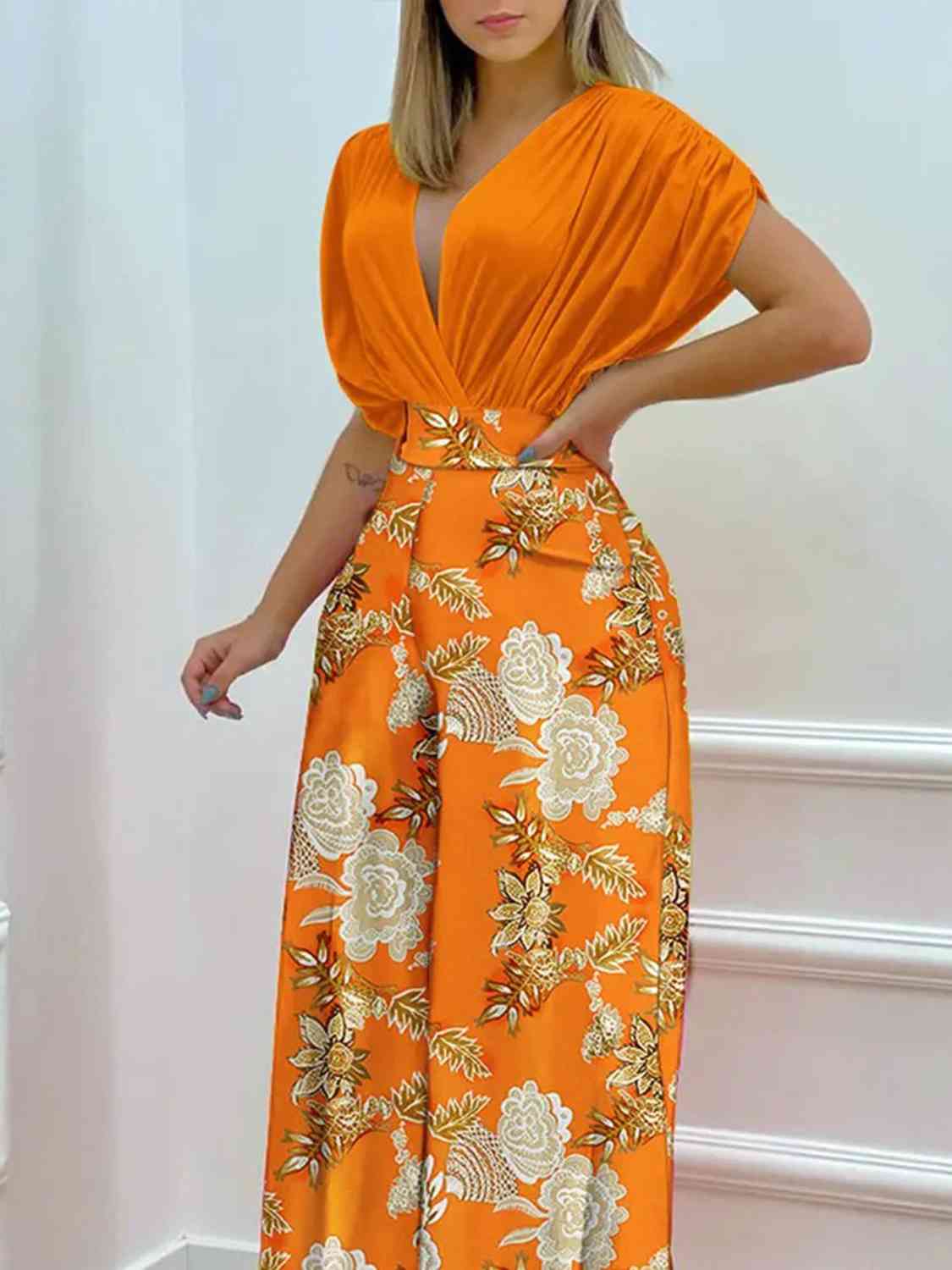 Printed Surplice Top and Wide Leg Pants Set | Sugarz Chique Boutique
