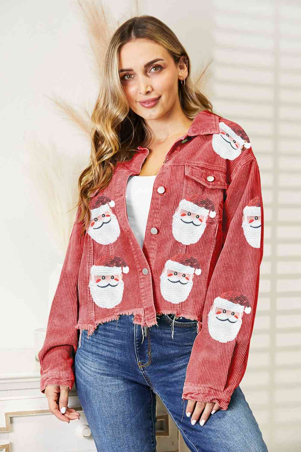 Santa Sequin Raw Hem Jacket | Sugarz Chique Boutique