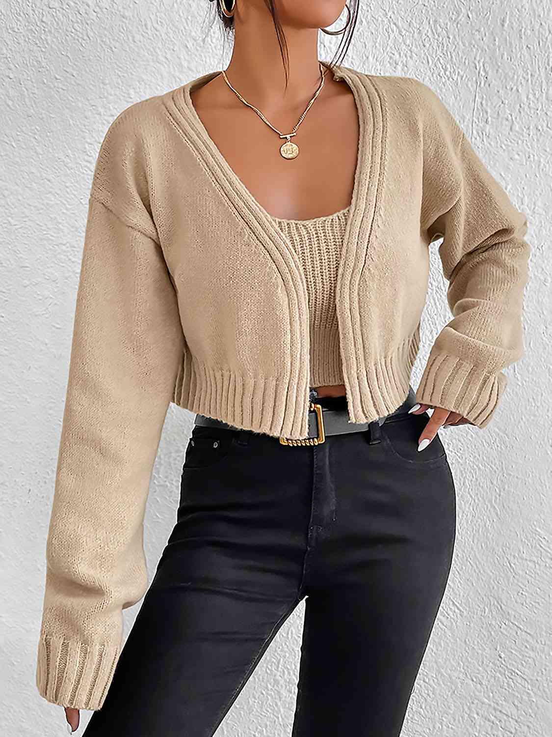 Plain Sweater Cami and Cardigan Set | Sugarz Chique Boutique